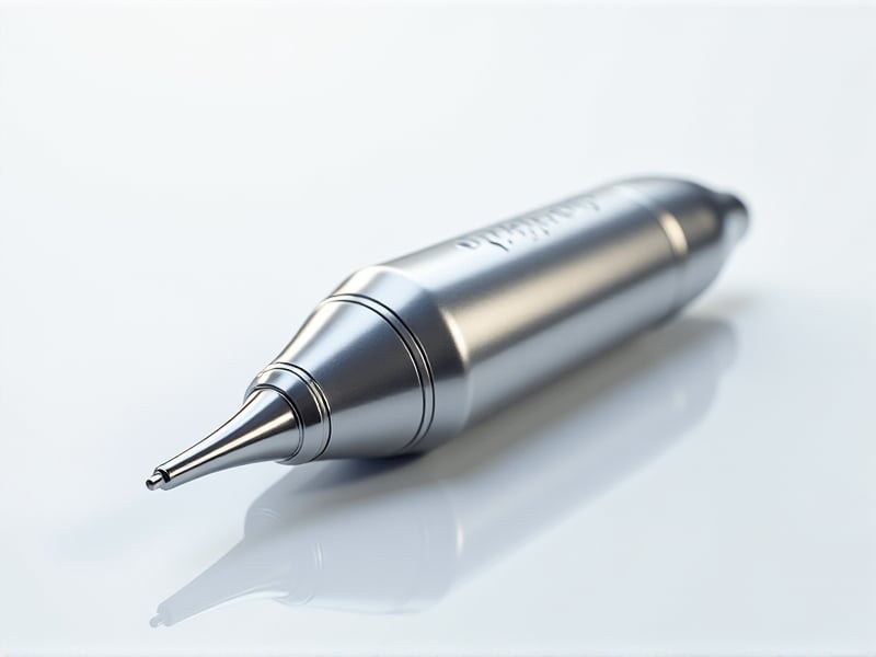 A detailed close-up of a portable cryo facial tool made from medical-grade stainless steel and high-performance polymers. The image highlights the tool's sleek, metallic finish and its precision-engineered components. The background is a soft white, emphasizing the tool's modern and professional design.