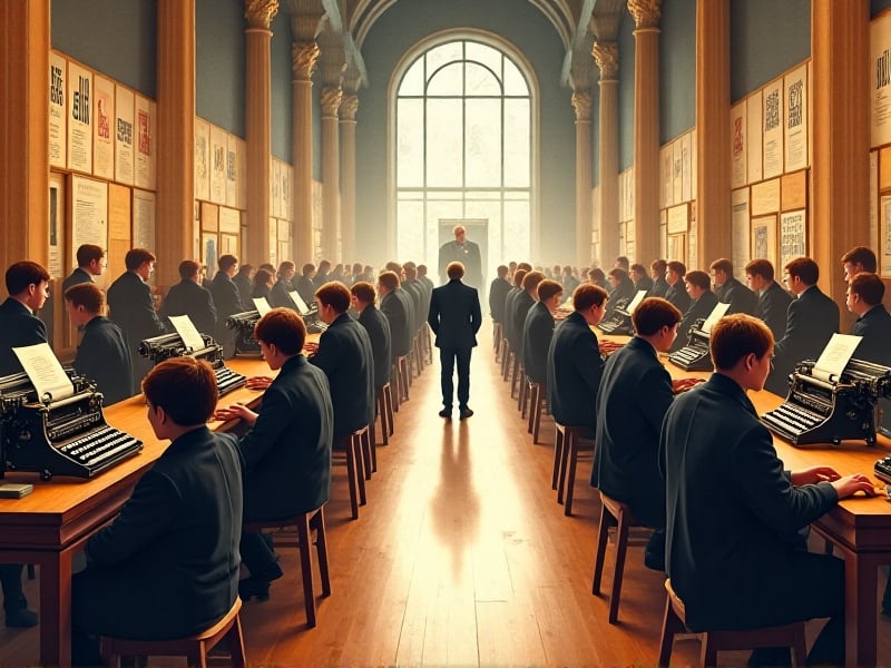 A spacious, well-lit hall filled with typewriters on display, with attendees exploring the exhibits and participating in typing competitions.