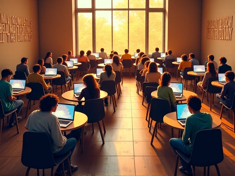 A diverse group of participants of all ages typing on laptops in a cozy, well-lit room, with large windows letting in natural light, and motivational quotes about typing and charity displayed on the walls.