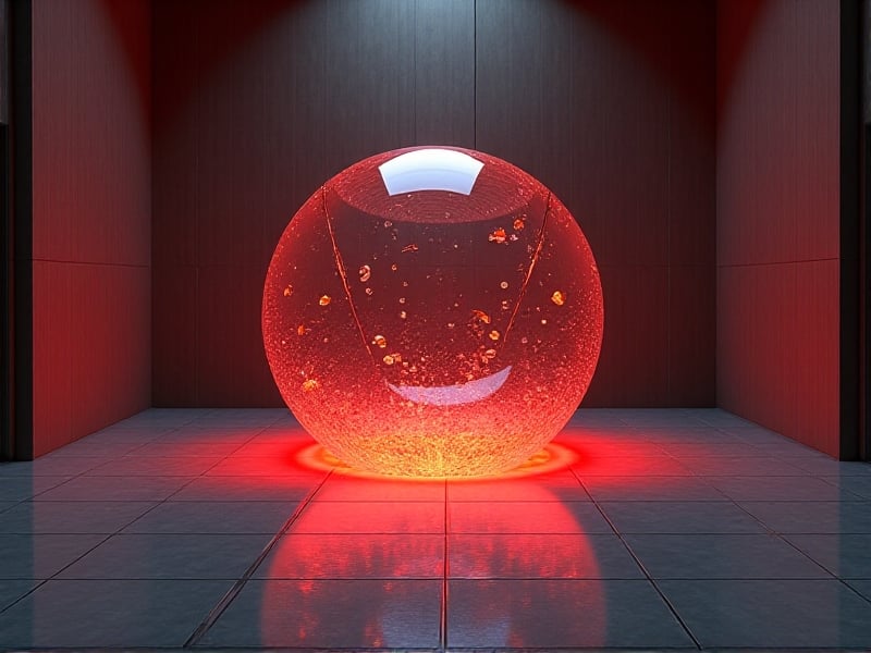 A float tank with visible cracks along its base, water slowly leaking onto the tiled floor. The room is dimly lit, with a faint red emergency light casting an urgent glow. The scene conveys a sense of urgency and the need for immediate action to prevent further damage.