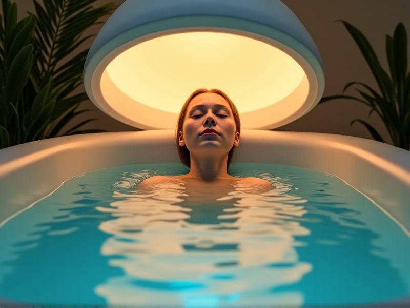 A tech employee floating in a sensory deprivation tank, with the tank's lid open to reveal a serene, dimly lit interior. The employee is lying comfortably in the warm, salt-saturated water, with a calm expression on their face. The room is quiet and peaceful, with soft ambient lighting and natural plants in the background.