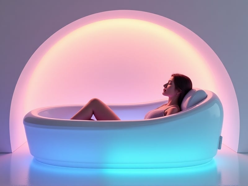 A vibrant social media post featuring a floatation tank with a caption highlighting the benefits of sensory deprivation, set against a backdrop of calming pastel colors and minimalist design.