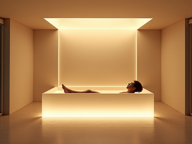 A serene float tank with warm, evenly distributed heat, creating a soothing environment for relaxation, with soft lighting and a calm, tranquil atmosphere.